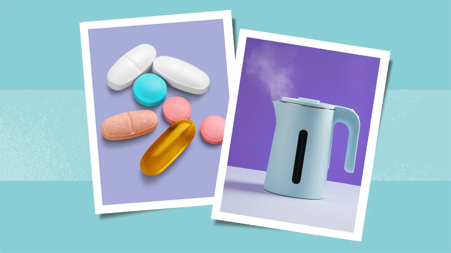 a collage of medication and steam