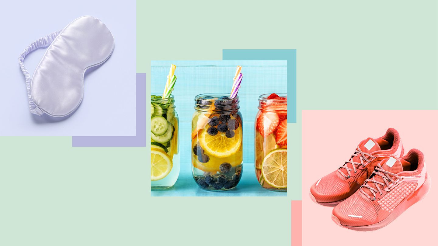 lavender sleep mask three jars of fruit infused water berries and citrus and cucumbers a pair of coral pink sneakers