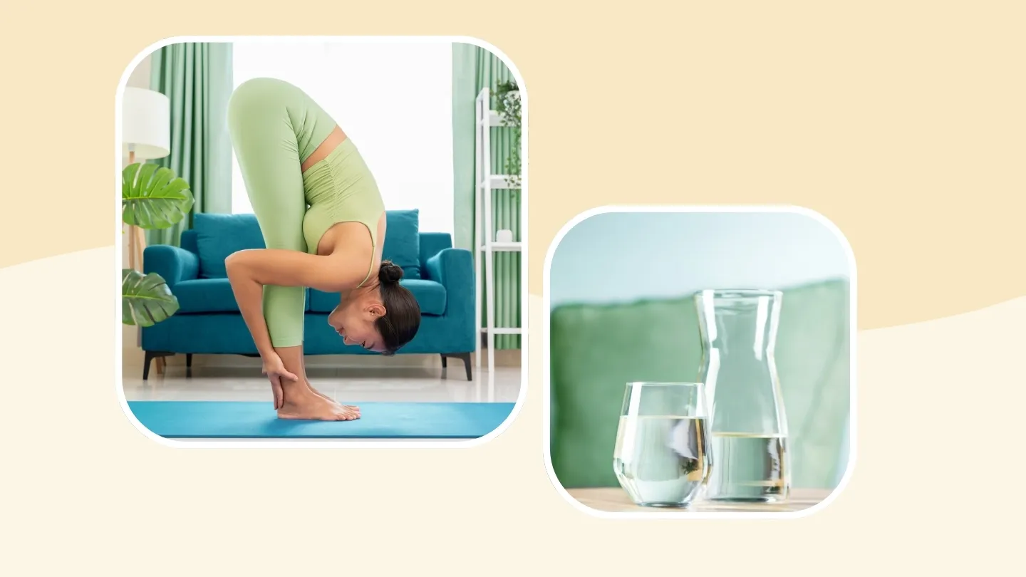 Asian young woman doing yoga/glass and pitcher of water on wooden table