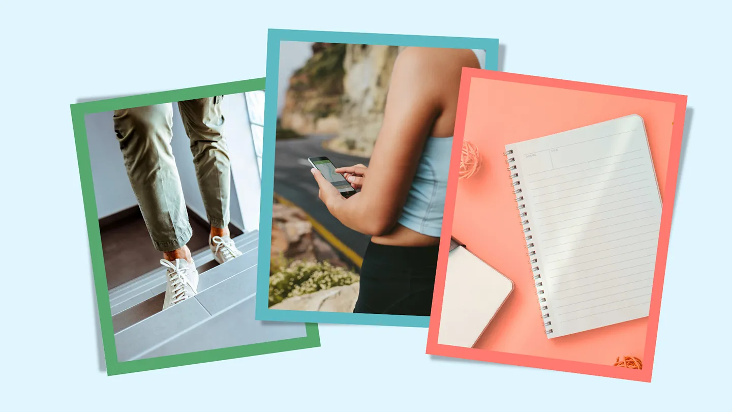 persons legs choosing to take stairs woman on phone mapping short walk notebook day planner