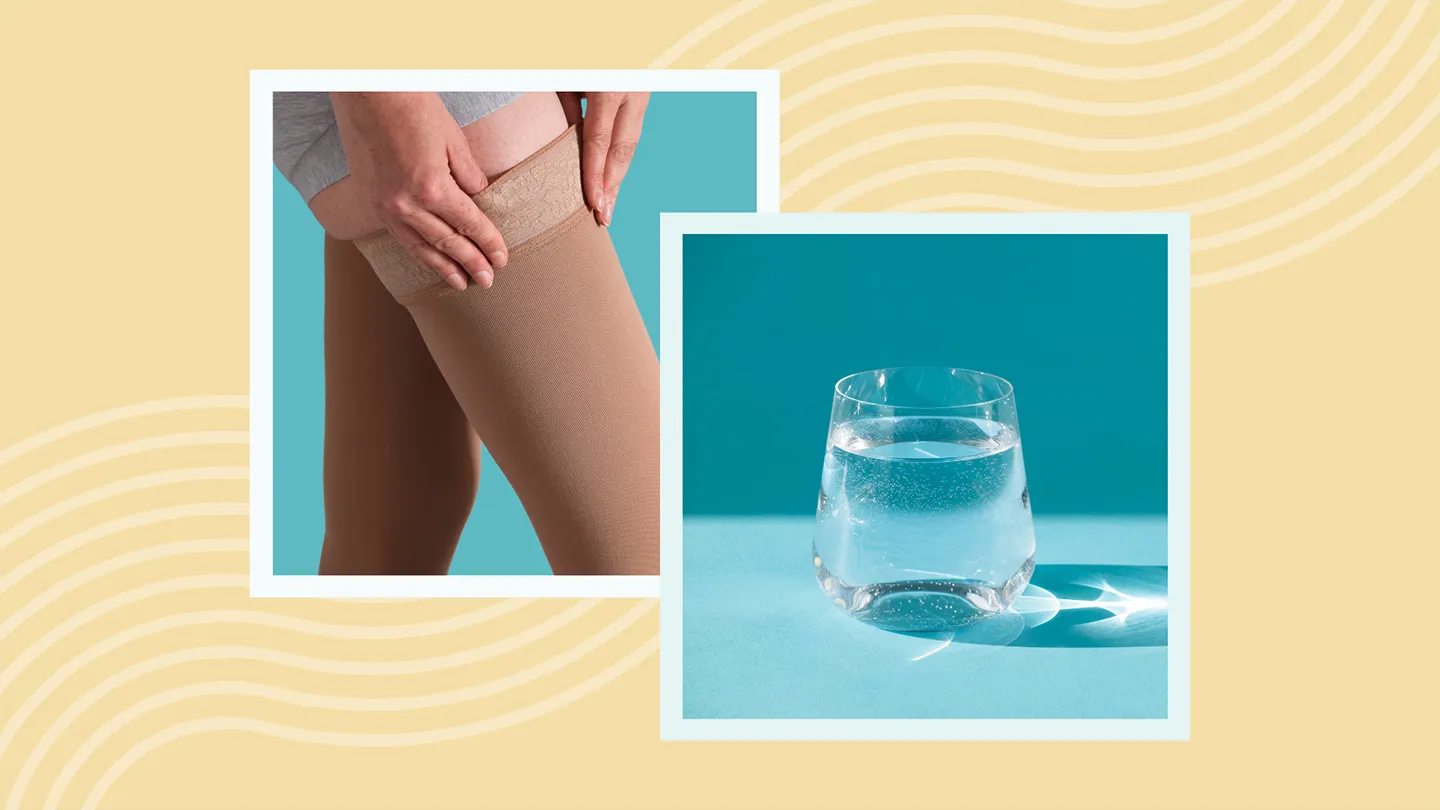 compression stockings and a glass of water
