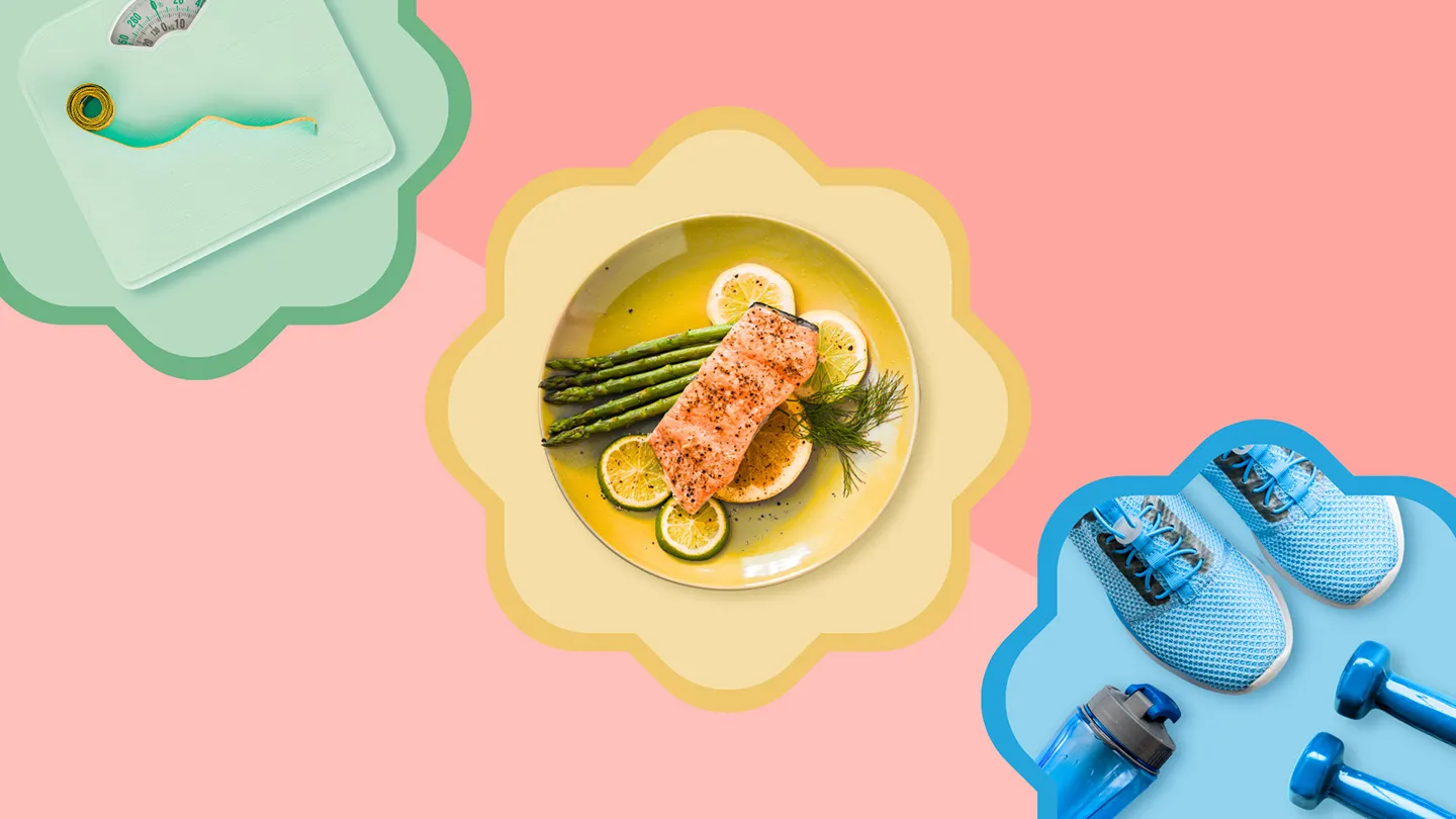 green weight scale with yellow measuring tape healthy mediterranean meal salmon and asparagus blue running shoes weights and water bottle
