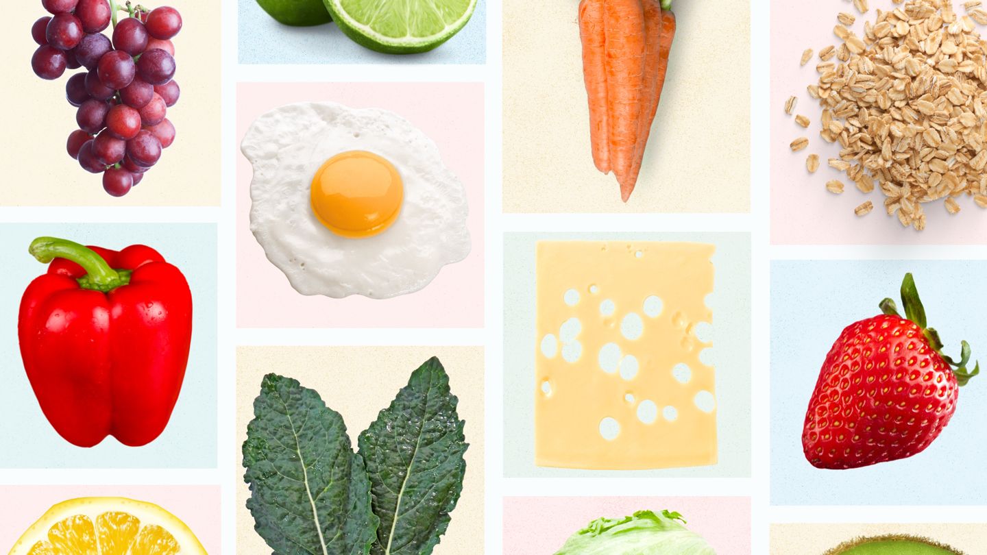 low fodmap foods grapes, bell pepper, lemon, lime, kale eggs, carrots, swiss cheese, lettuce, rolled oats, strawberries, kiwis