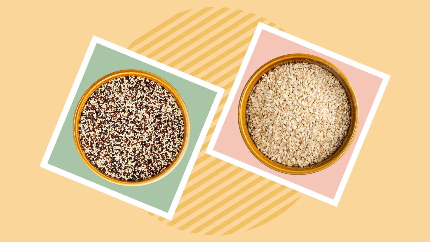 a bowl of quinoa and a bowl of brown rice shot from above