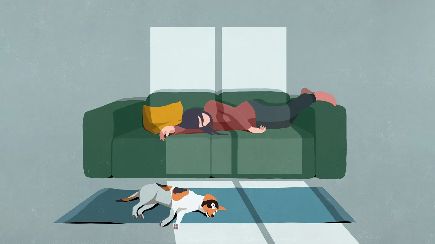 illustration of an exhausted woman lying on her couch with her dog in front of her lying on the rug