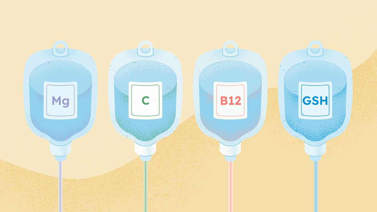 iv bags of Mg Magnesium vitamin C vitamin B12 and GSH Glutathione antioxidant of three amino acids cysteine glycine and glutamic acid