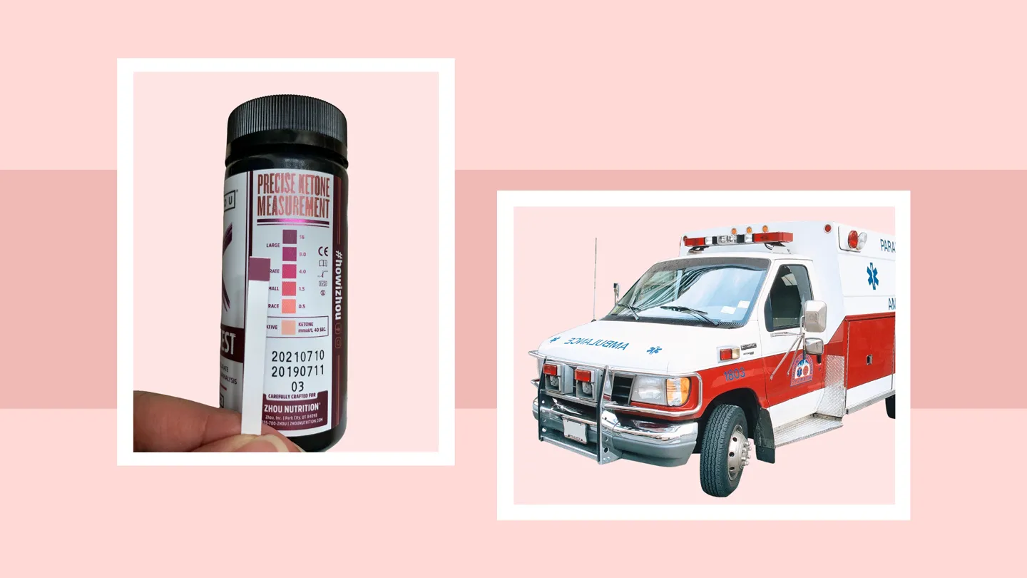 Ketone testing strips and an ambulance (emergency)
