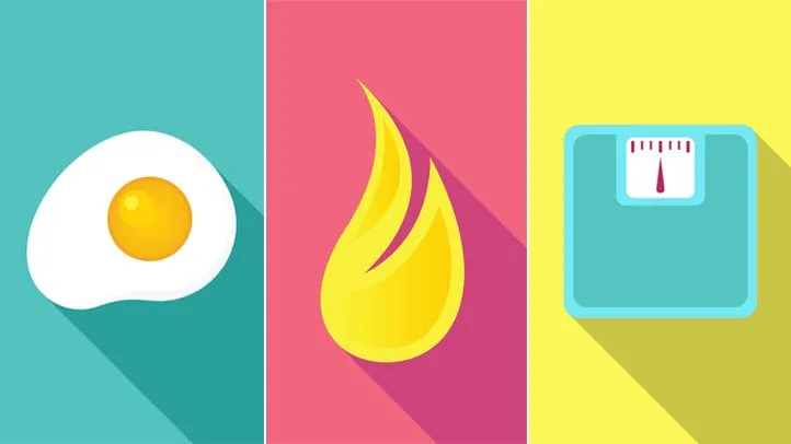 illustration of an egg, fire to represent burning calories, and a scale