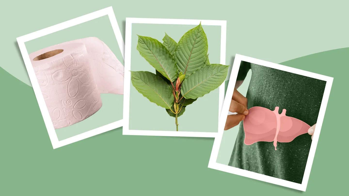 toilet paper, kratom leaves, cut-out of a liver held by a man