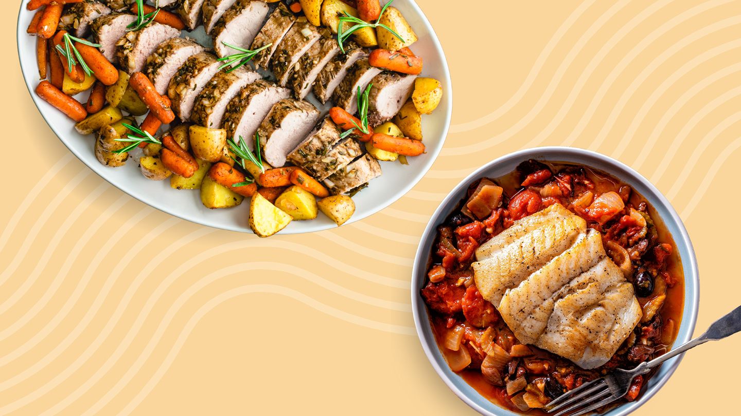 Two lean protein meals of pork tenderloin and fish on a yellow background