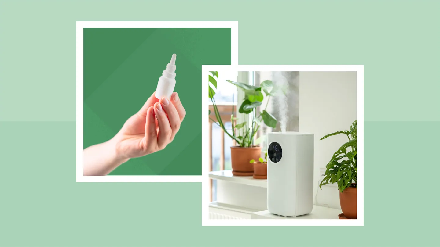 a collage of two lifestyle remedies: saline rinse and a humidifier.