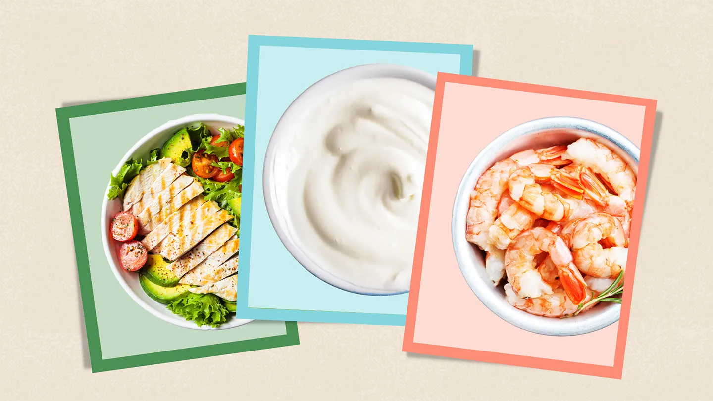 skinless chicken breast in salad greek yogurt shrimp in bowl
