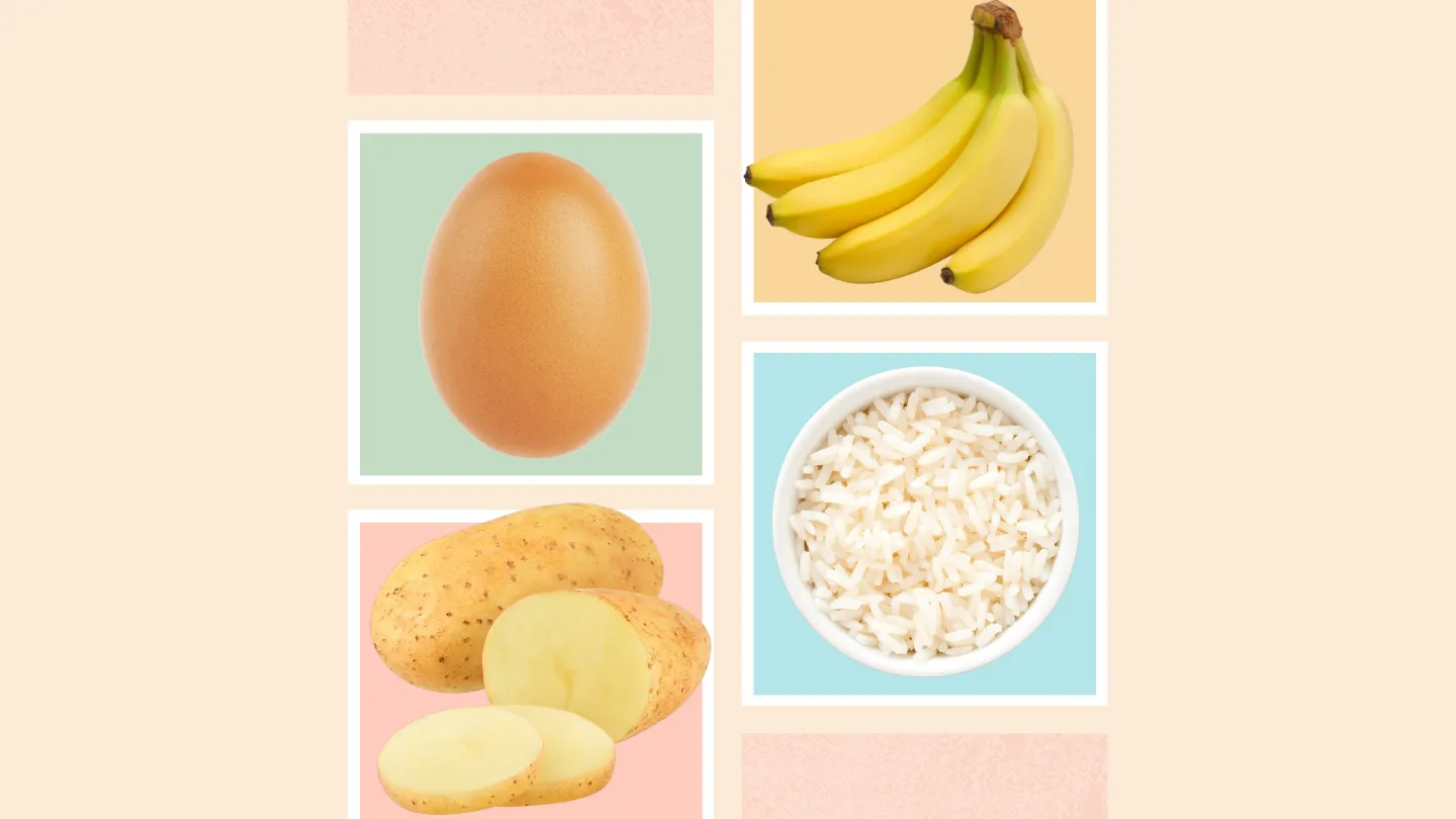 Low fiber foods including potatoes, egg, rice and banana