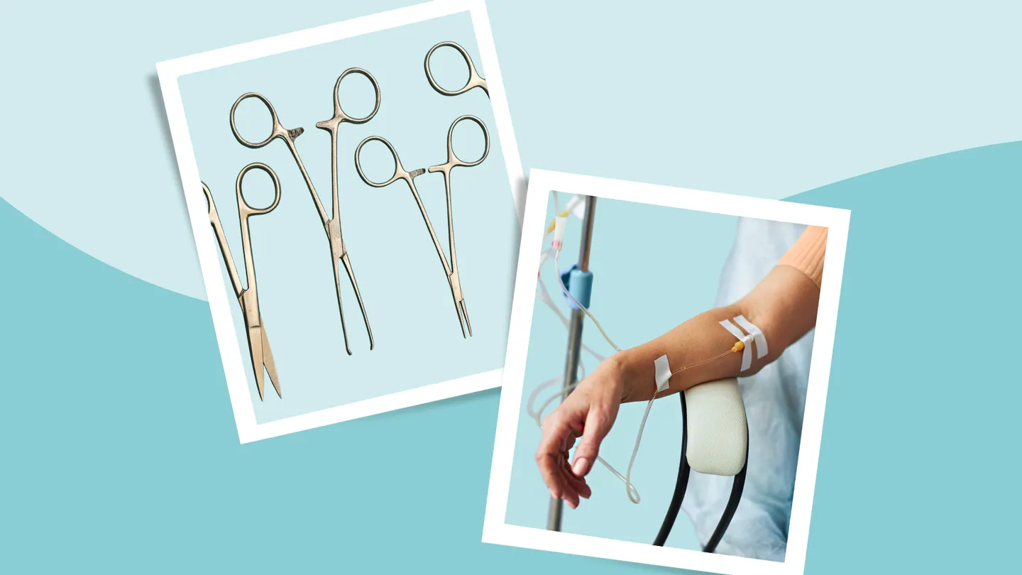 surgical scissors and arm receiving chemotherapy
