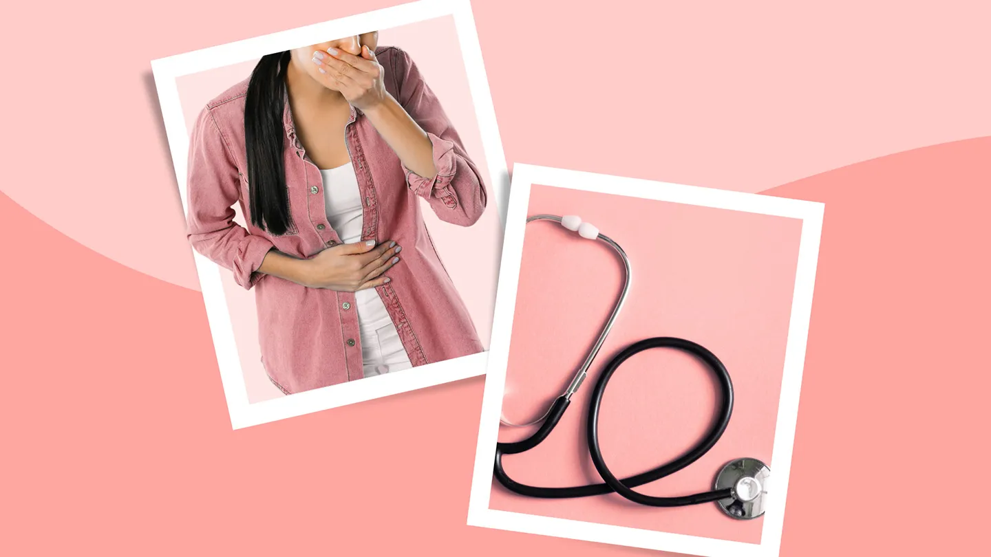 woman with hand on mouth and stomach Nausea Vomiting stethescope to hear Abnormal heart rhythms
