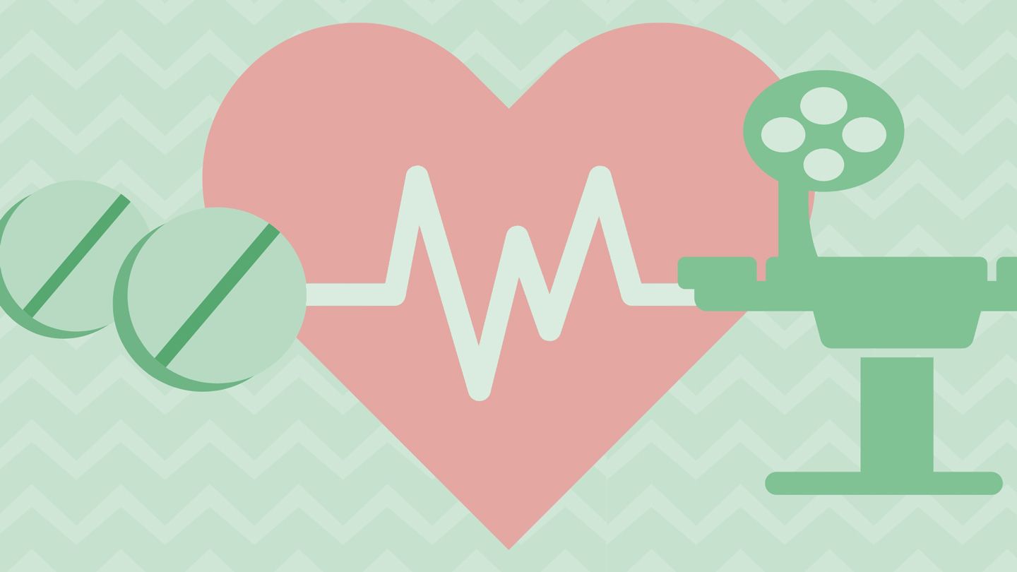 illustration of pills, heart with heart rate and surgical table