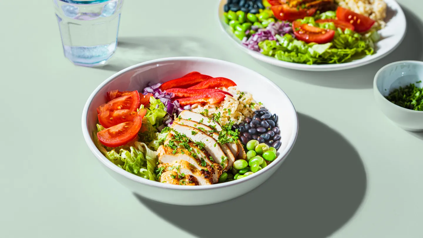 chicken, brown rice, black bean bowl with veggies