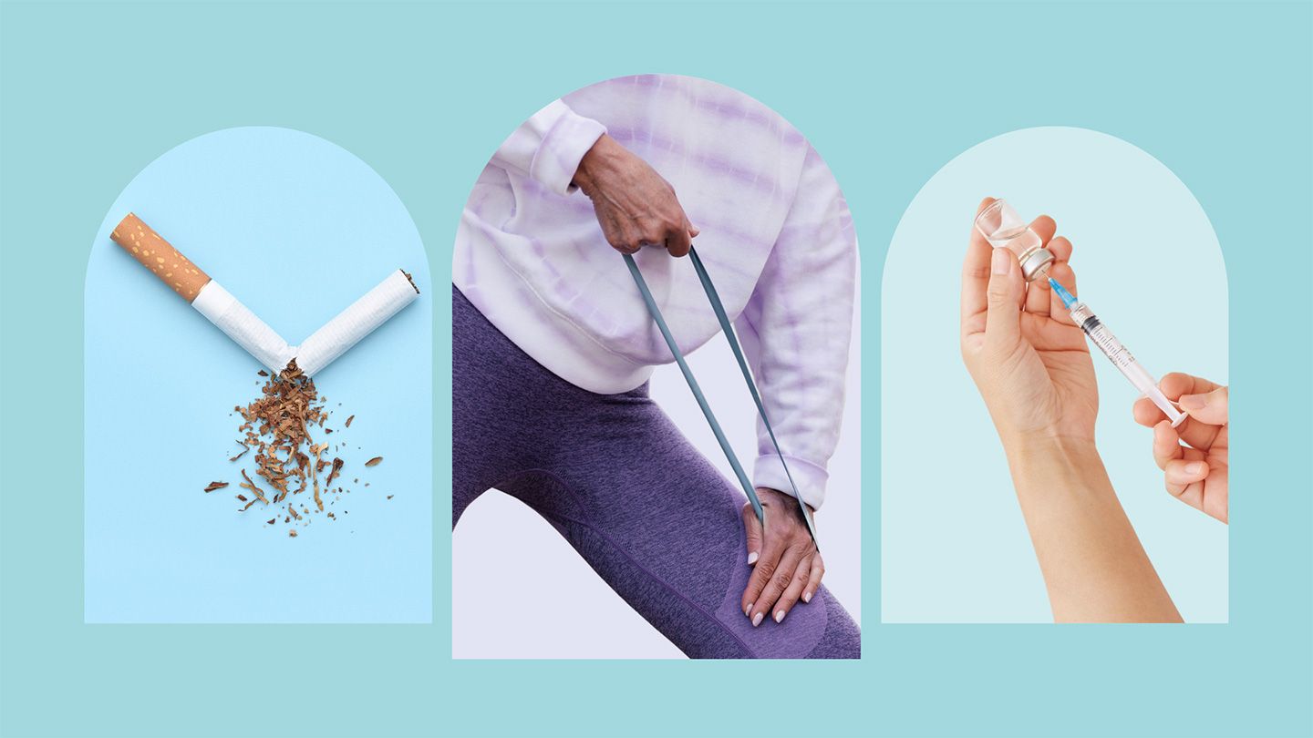broken cigarette older woman exercising using resistance band resistance training hands holding syringe and needle for flu shot