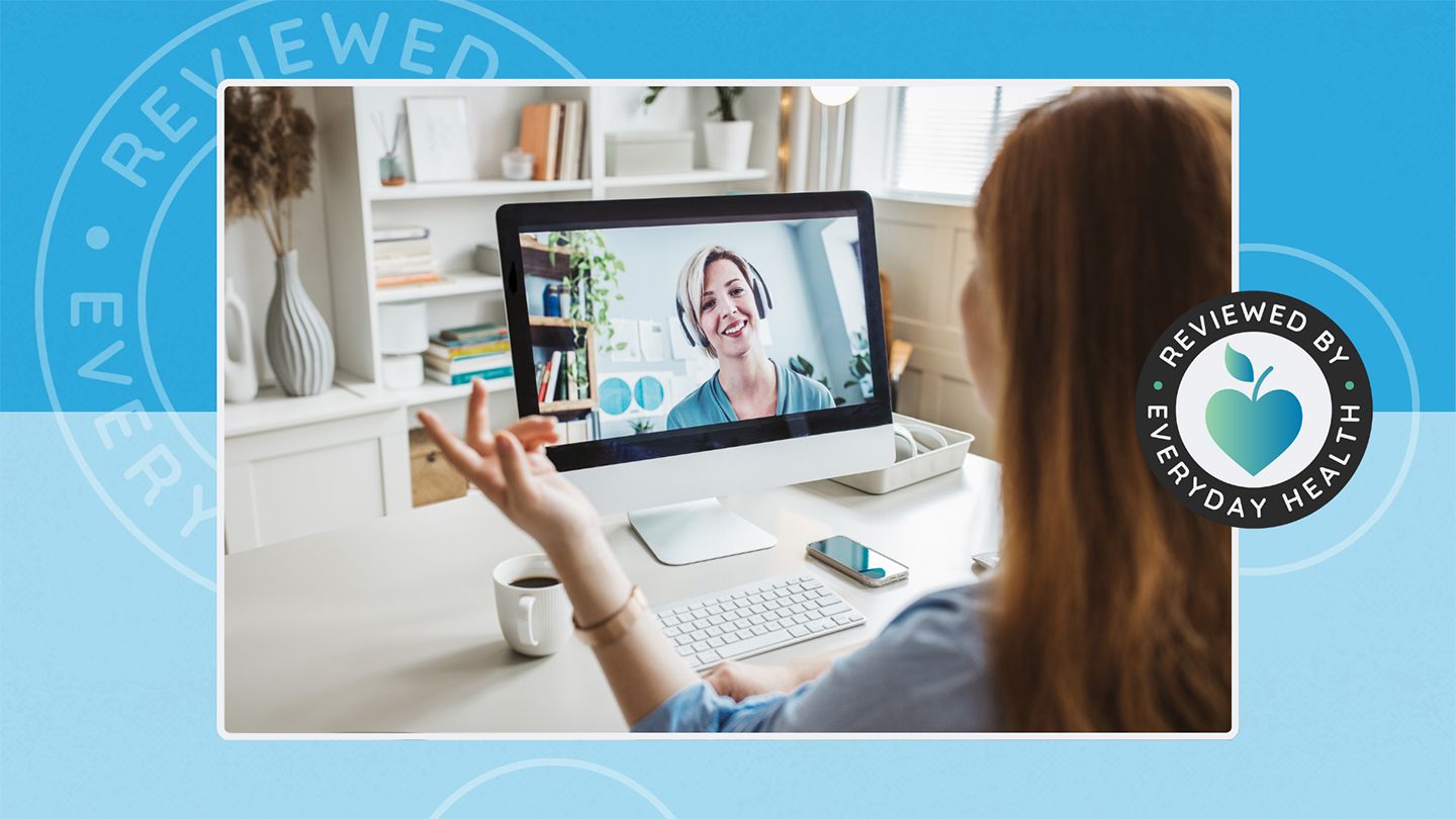 woman doing online therapy in her home office