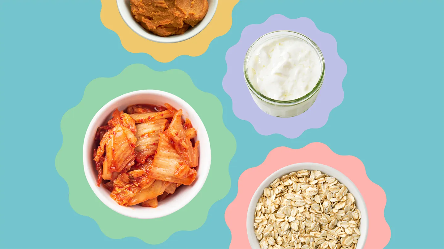 foods with natural probiotics floating on colored shapes