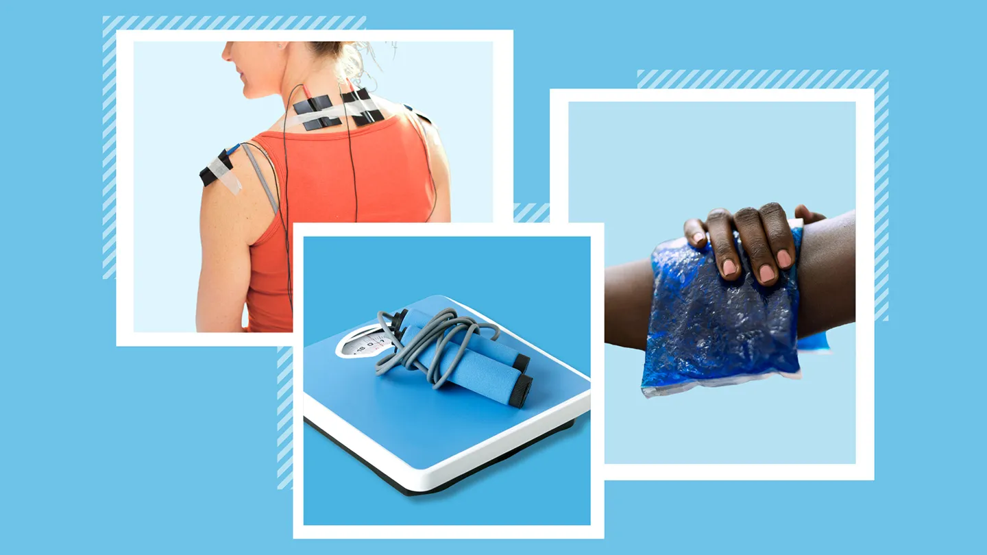 women using tens machine woman holding vold compress to elbow jump rope on top of scale