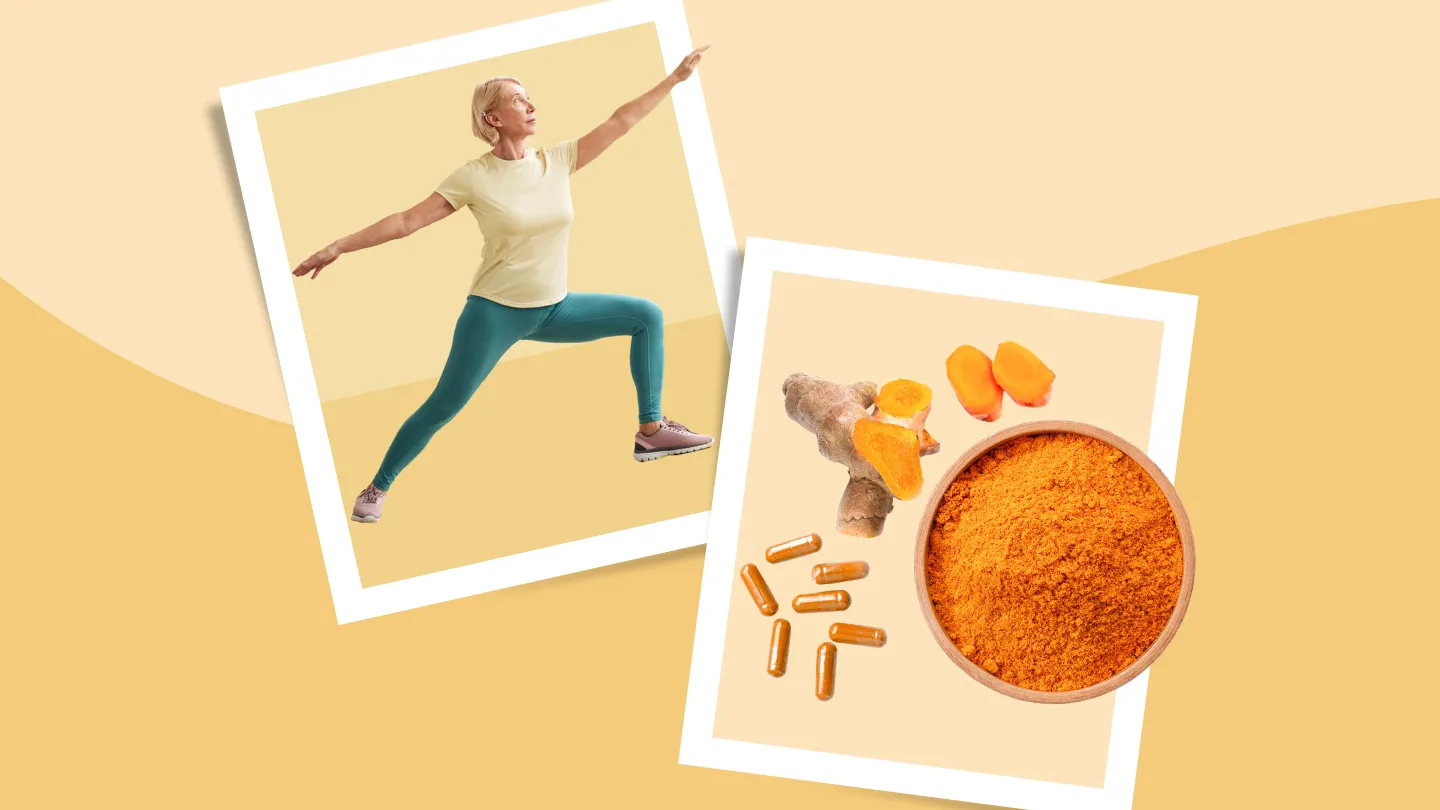 Mature woman doing yoga and tumeric supplements to manage Rheumatoid Arthritis