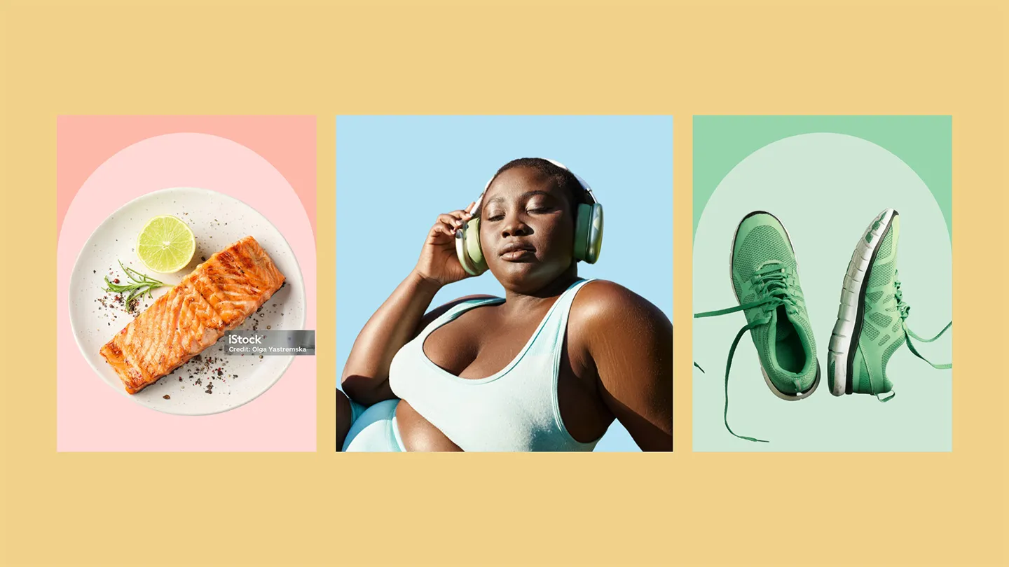 plate of fatty fish salmon filled with omega 3s woman with headphones meditating pair of green sneakers