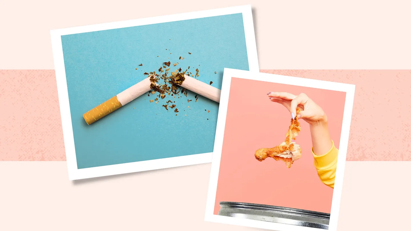 broken cigarette and fried chicken being thrown in the trash