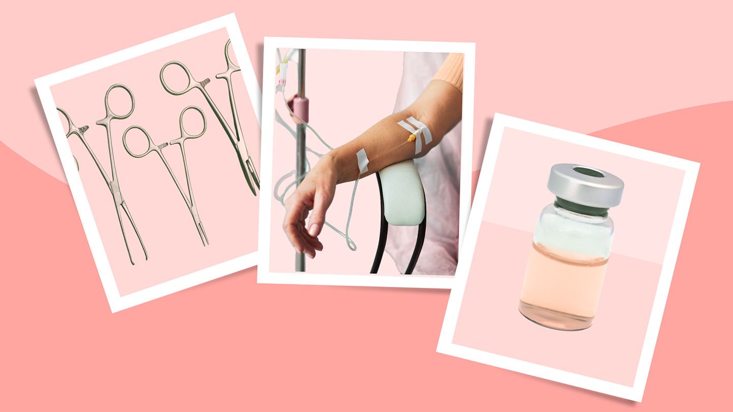 surgical tools arm with IV in it chemotherapy vial of targeted therapy medication