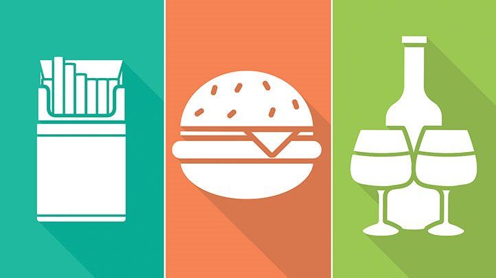 illustration of cigarettes, a burger, and alcohol, all of which raise the risk for pancreatic cancer
