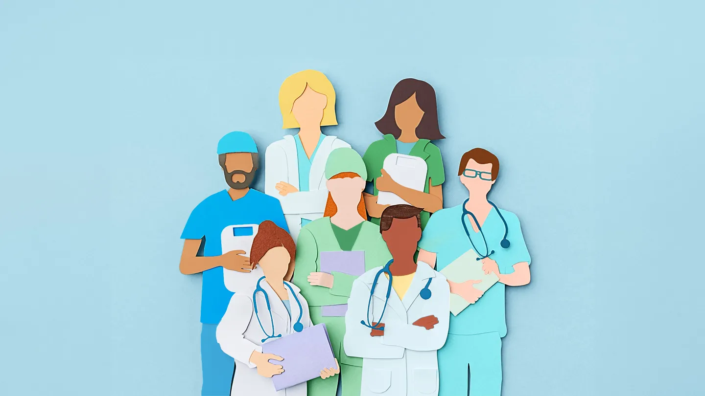 different assorted care team medical professionals specialists doctors nurses standing together