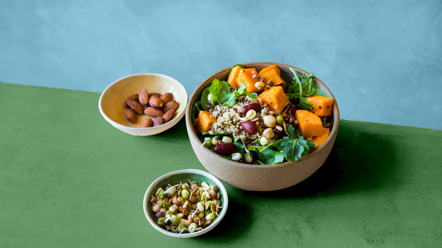 Quinoa Bowl with roasted sweet potato, sprouts and leafy greens