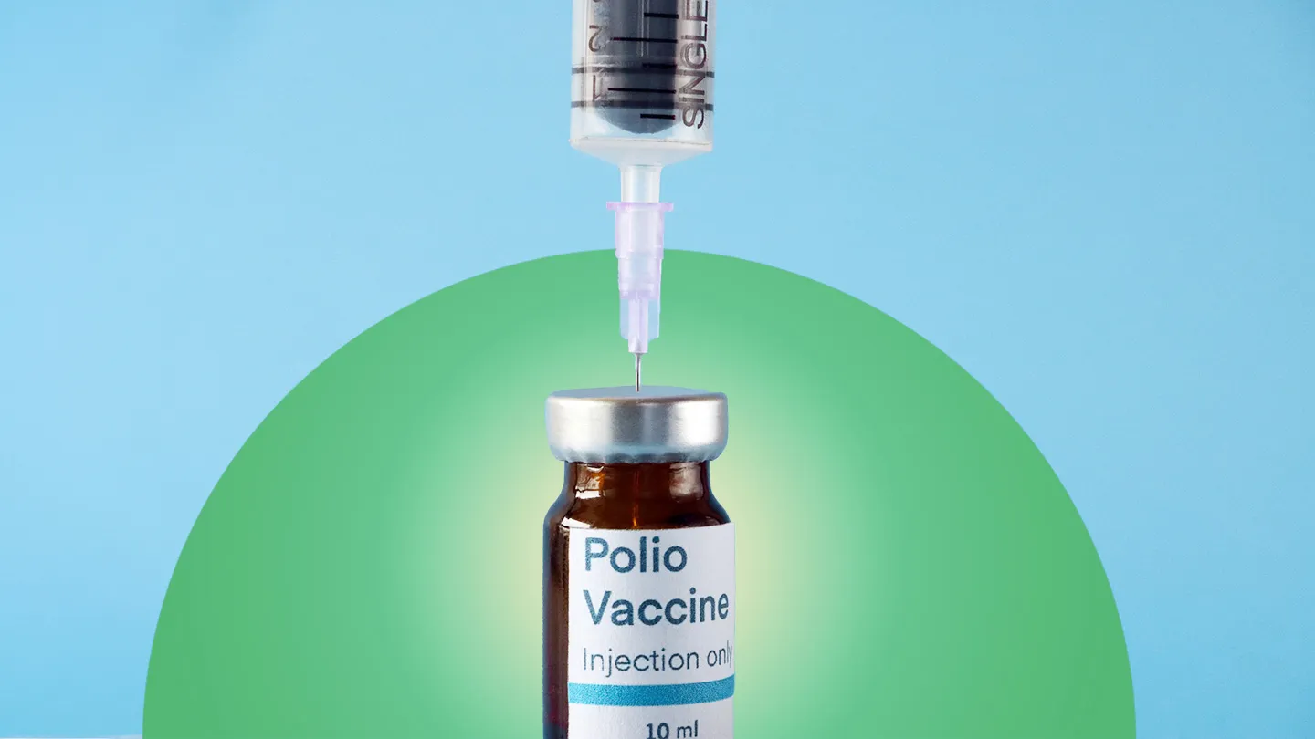 needle entering a vial of the polio vaccine with green gradient circle behind