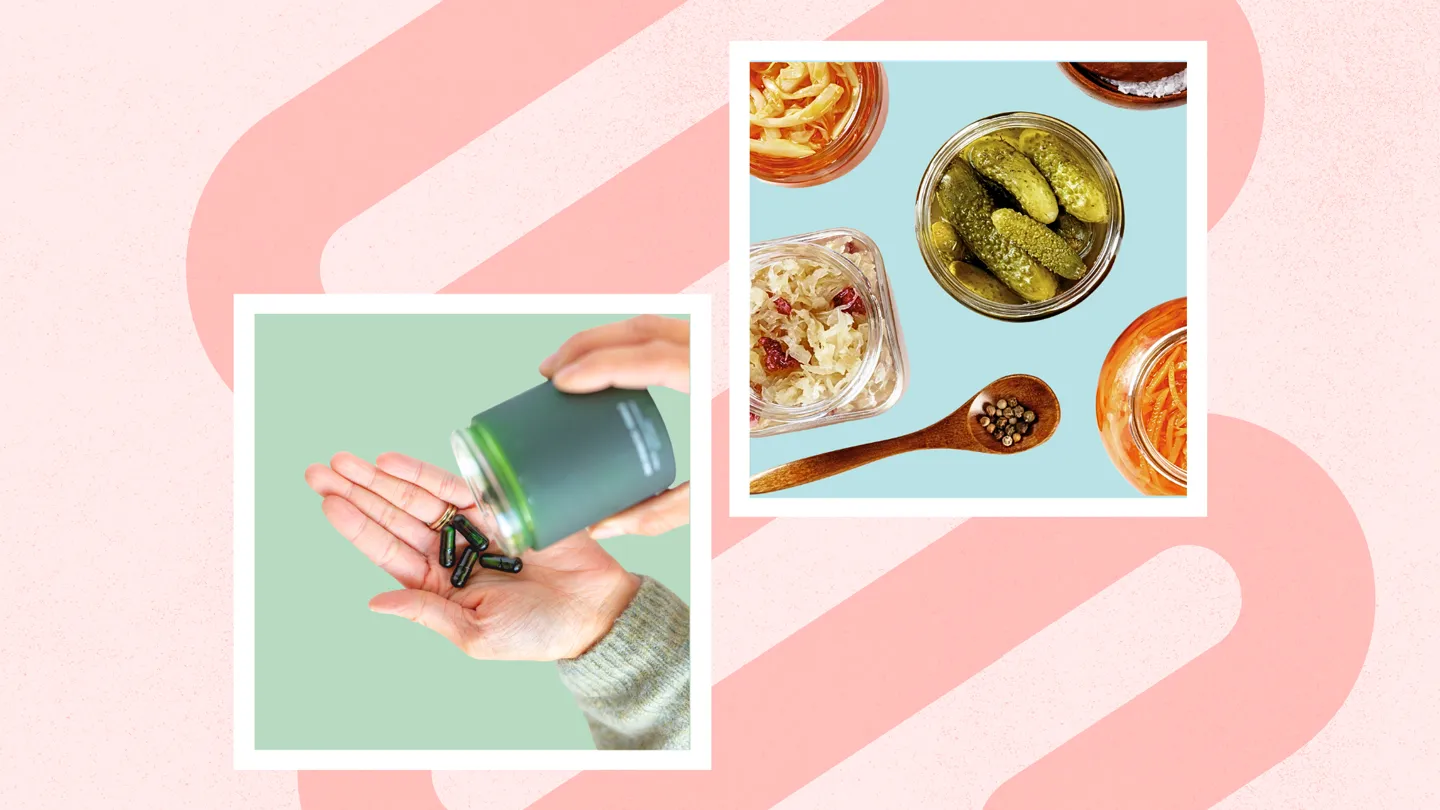 hand taking a probiotic supplement and foods that all are rish in probiotics
