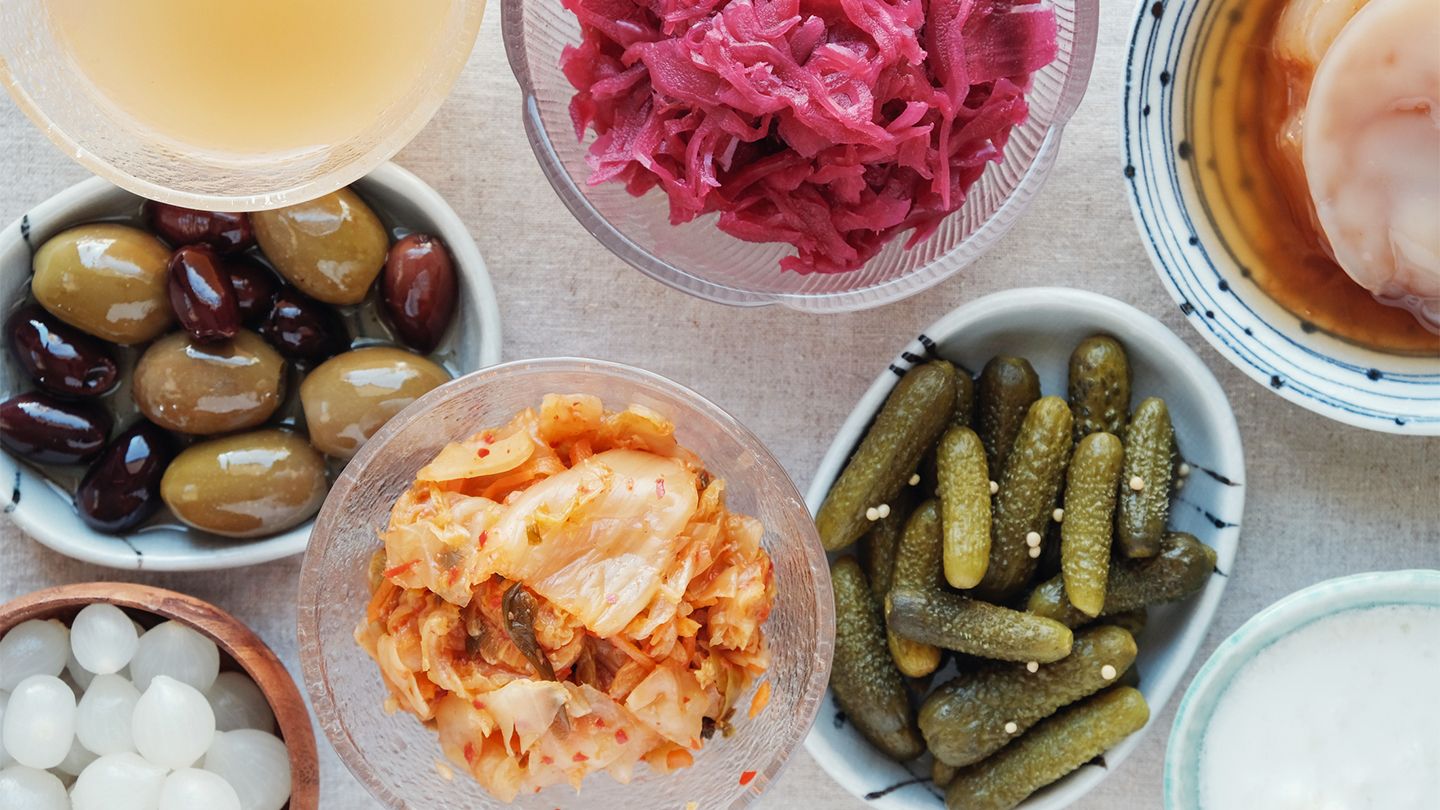 Foods high in probiotics pickles fermented kimchi cabbage miso yogurt