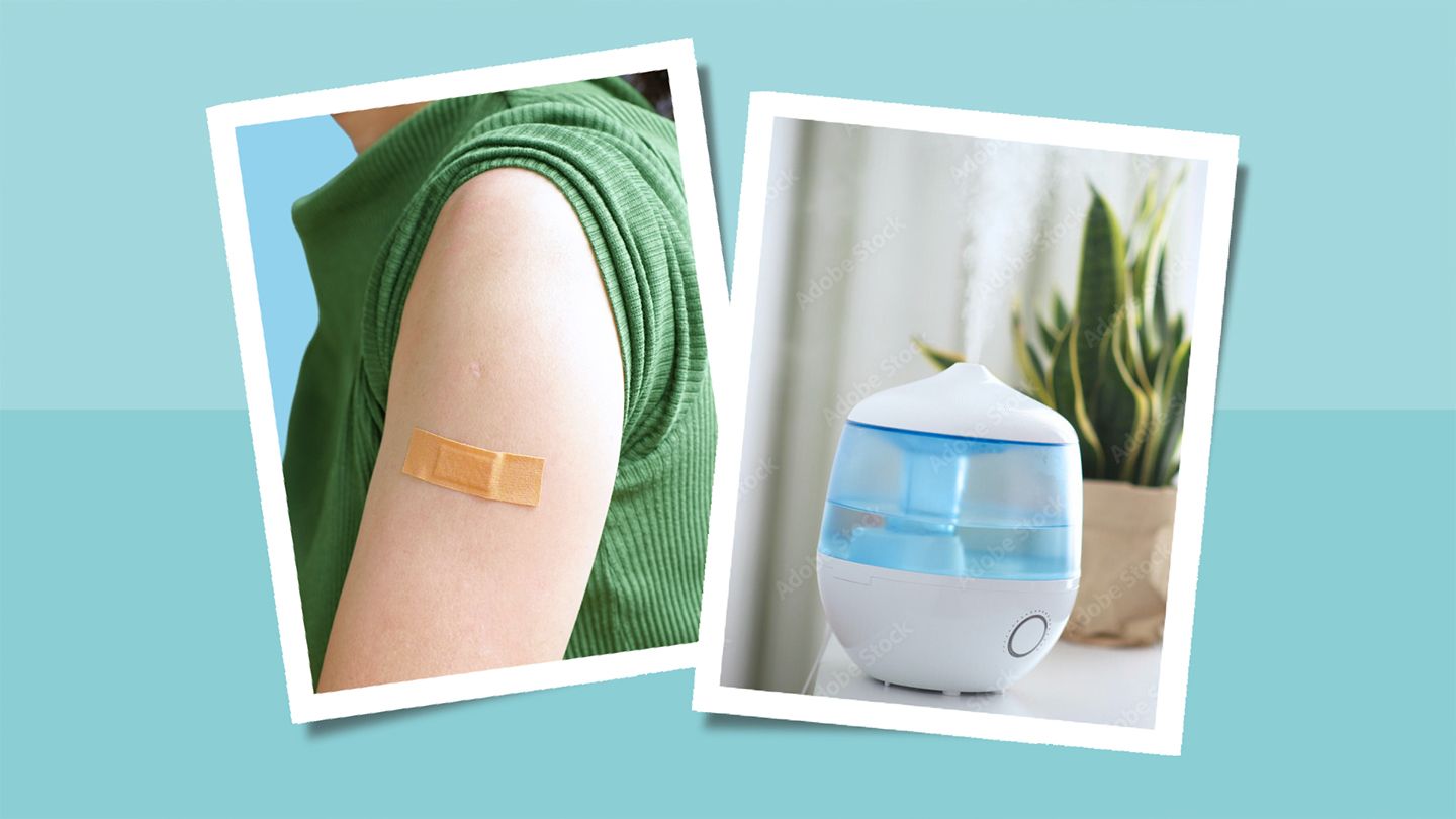 a collage showing vaccination and humidifier use as cold weather strategies for psoriasis