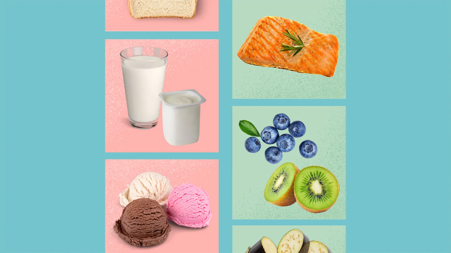 a collage showing foods to avoid and foods that are okay for SIBO