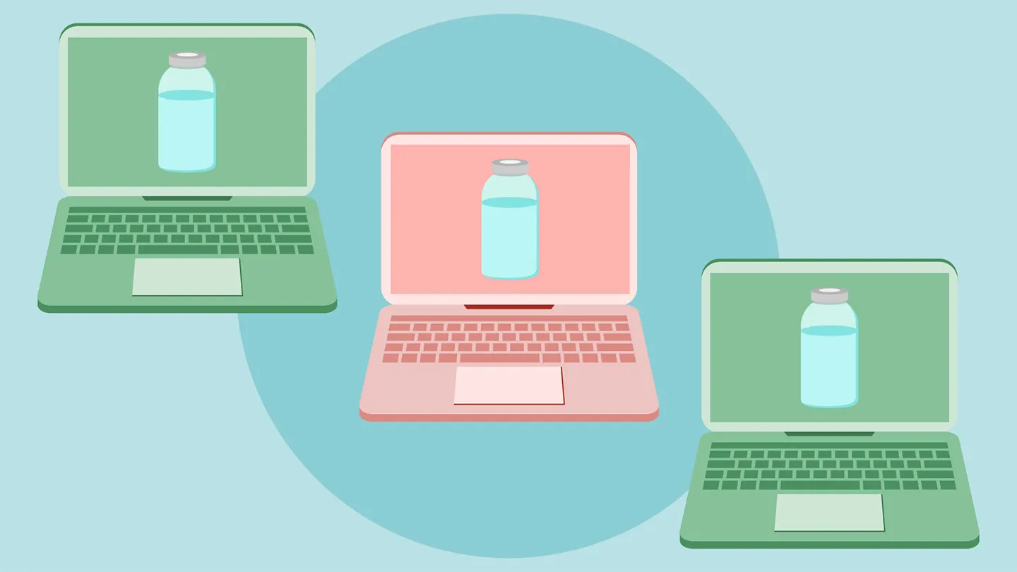 computers in green and red with glp-1 vials on each screen
