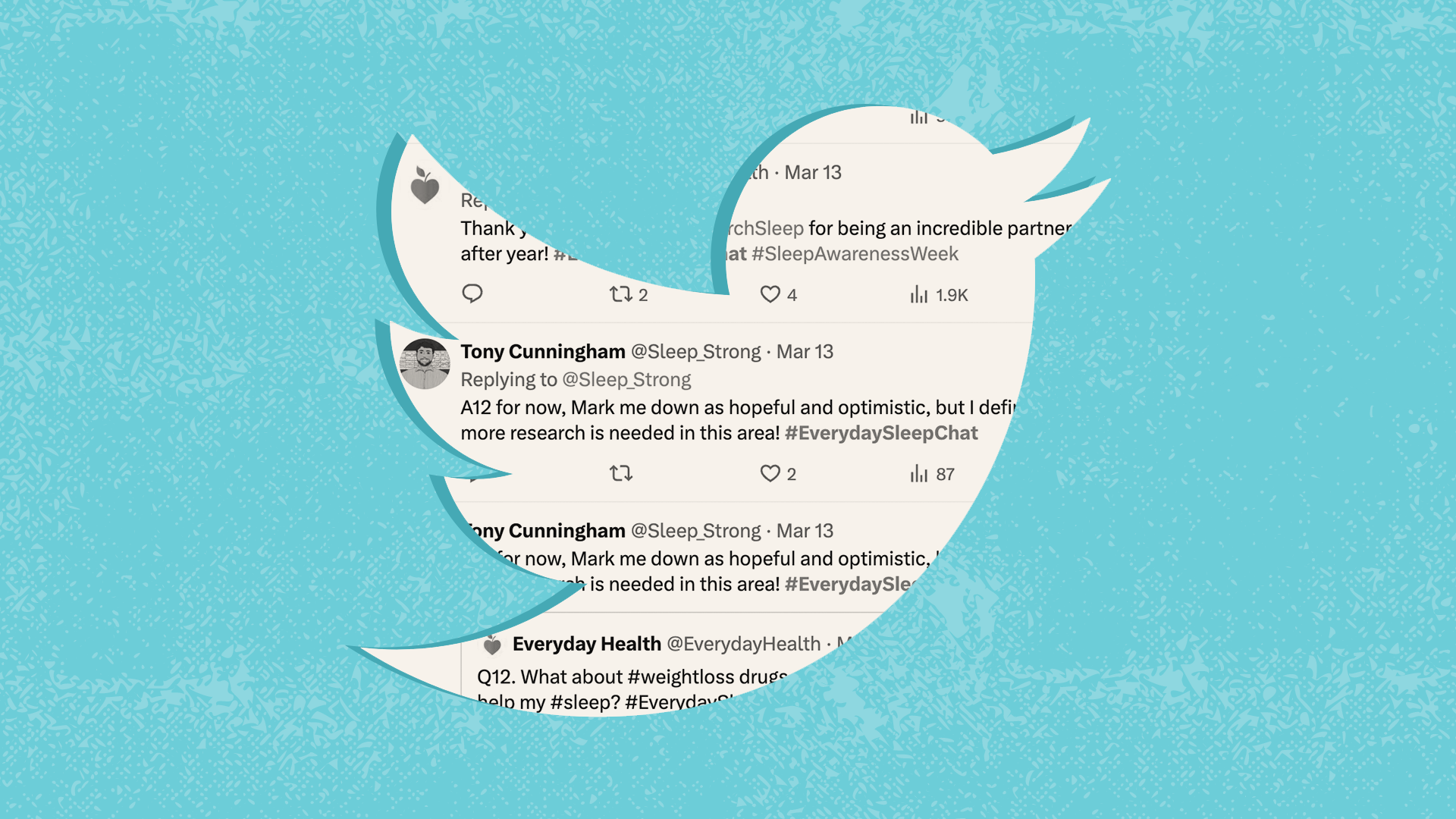 Twitter bird logo framing a screenshot of a twitter chat, background is textured aqua