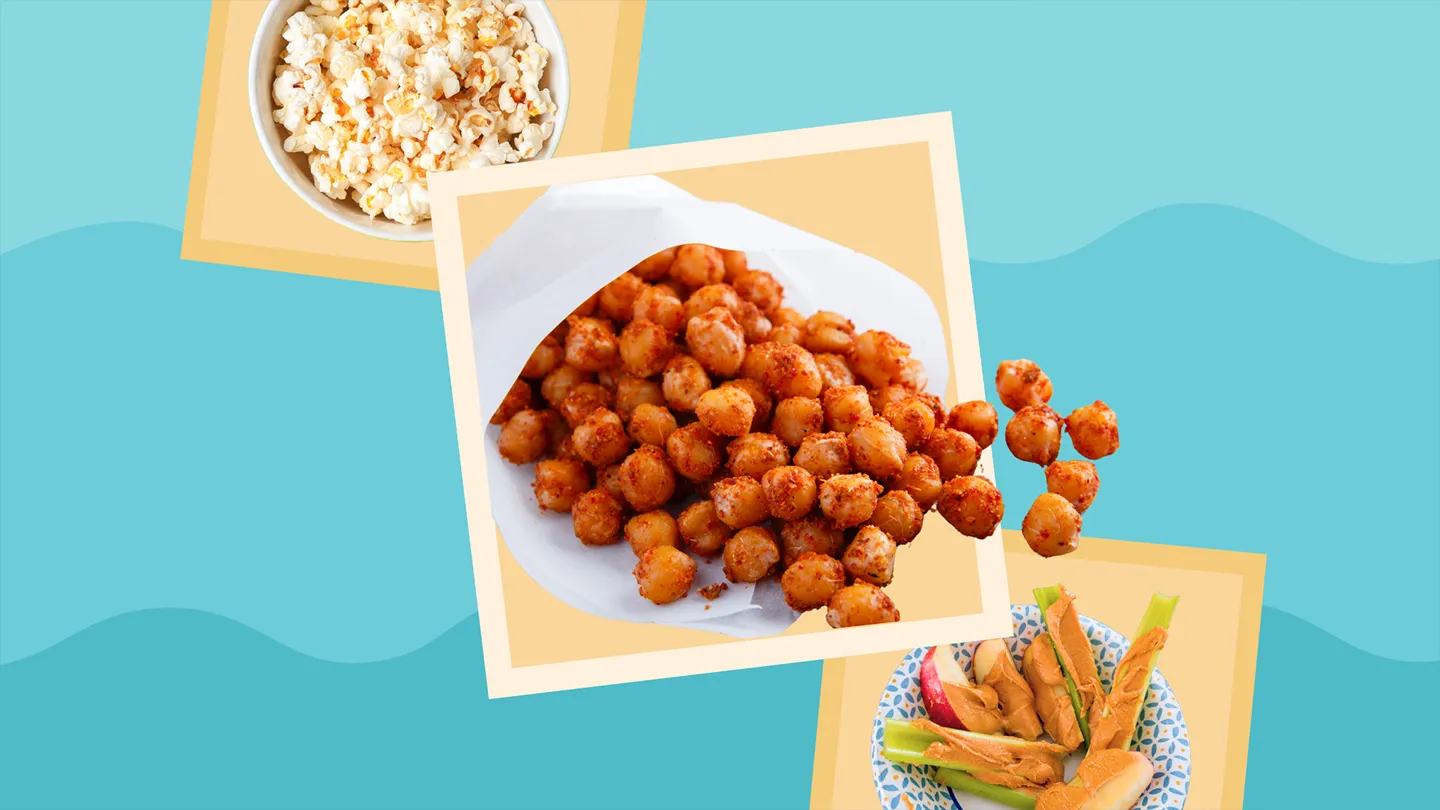 popcorn, roasted chickpeas, and produce with nut butter