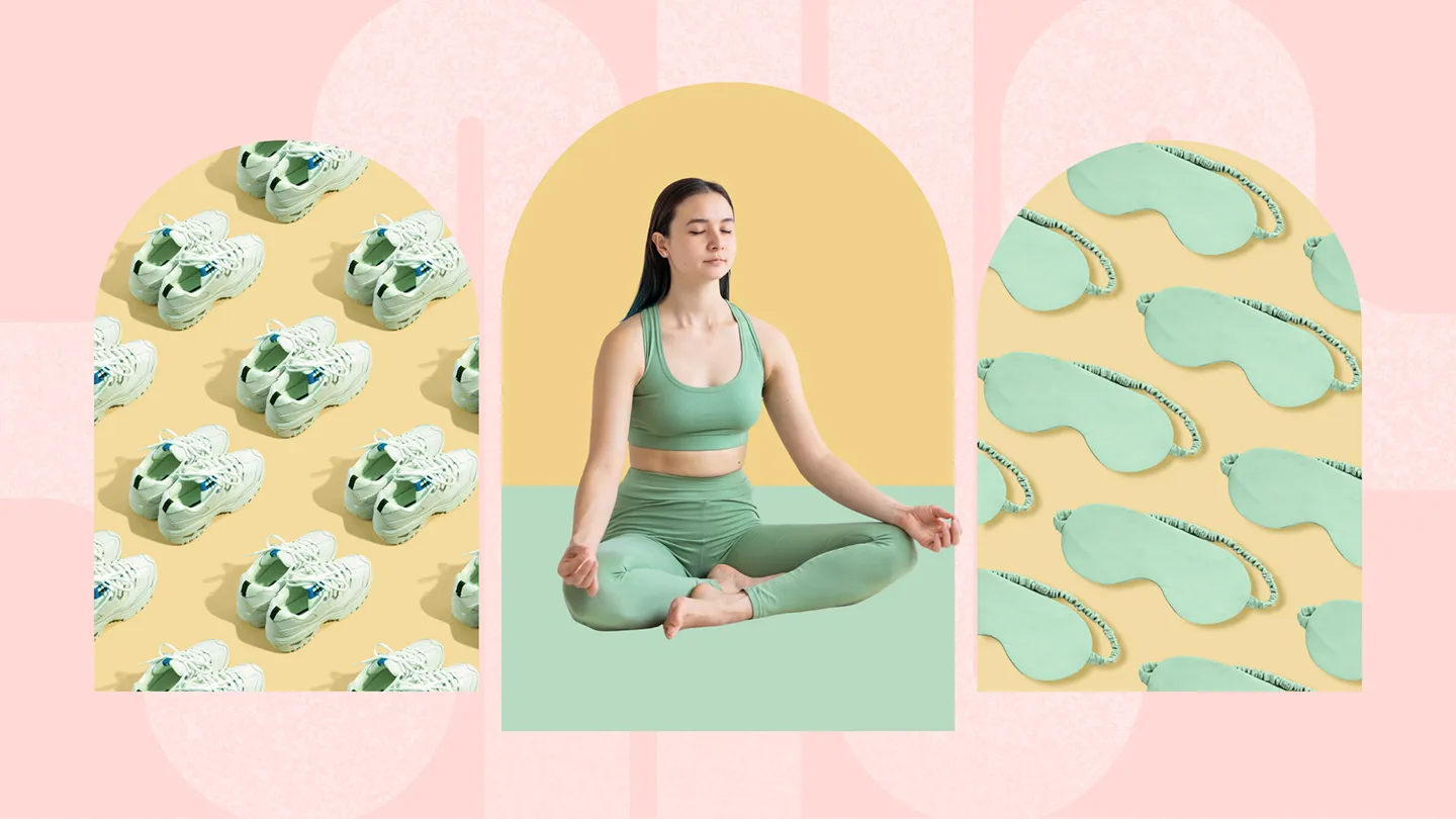 repeated exercise sneakers woman doing yoga meditation repeated sleep masks