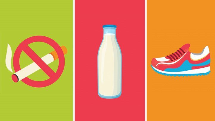 illustrations of a no-smoking sign, a bottle of milk, and running shoes, all related to ways to help prevent stroke