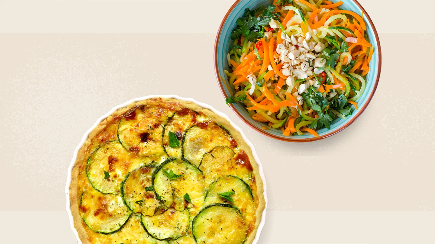 two summer squash recipes on an off-white background