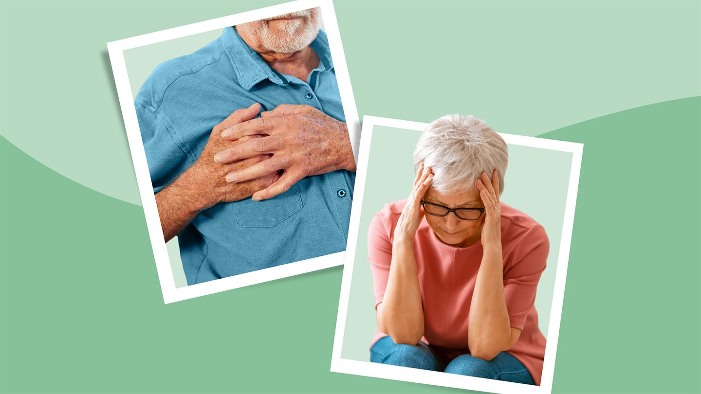 man holding chest exhausted woman with hands on head temples