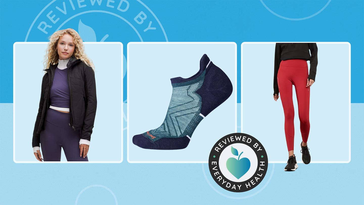 collage of products for cold weather running, including a jacket, socks, and leggings