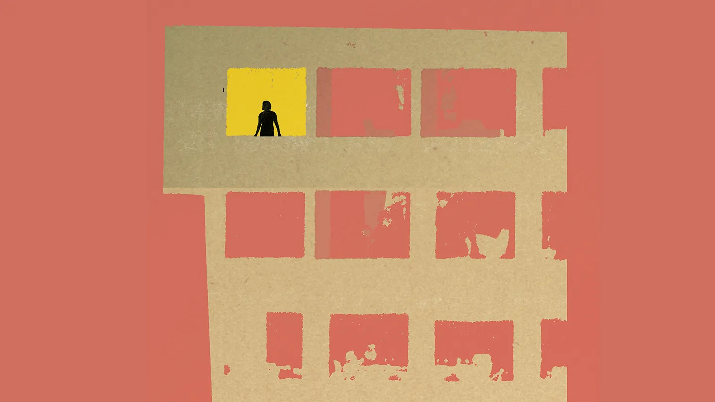 lone figure in apartment building abstract illustration