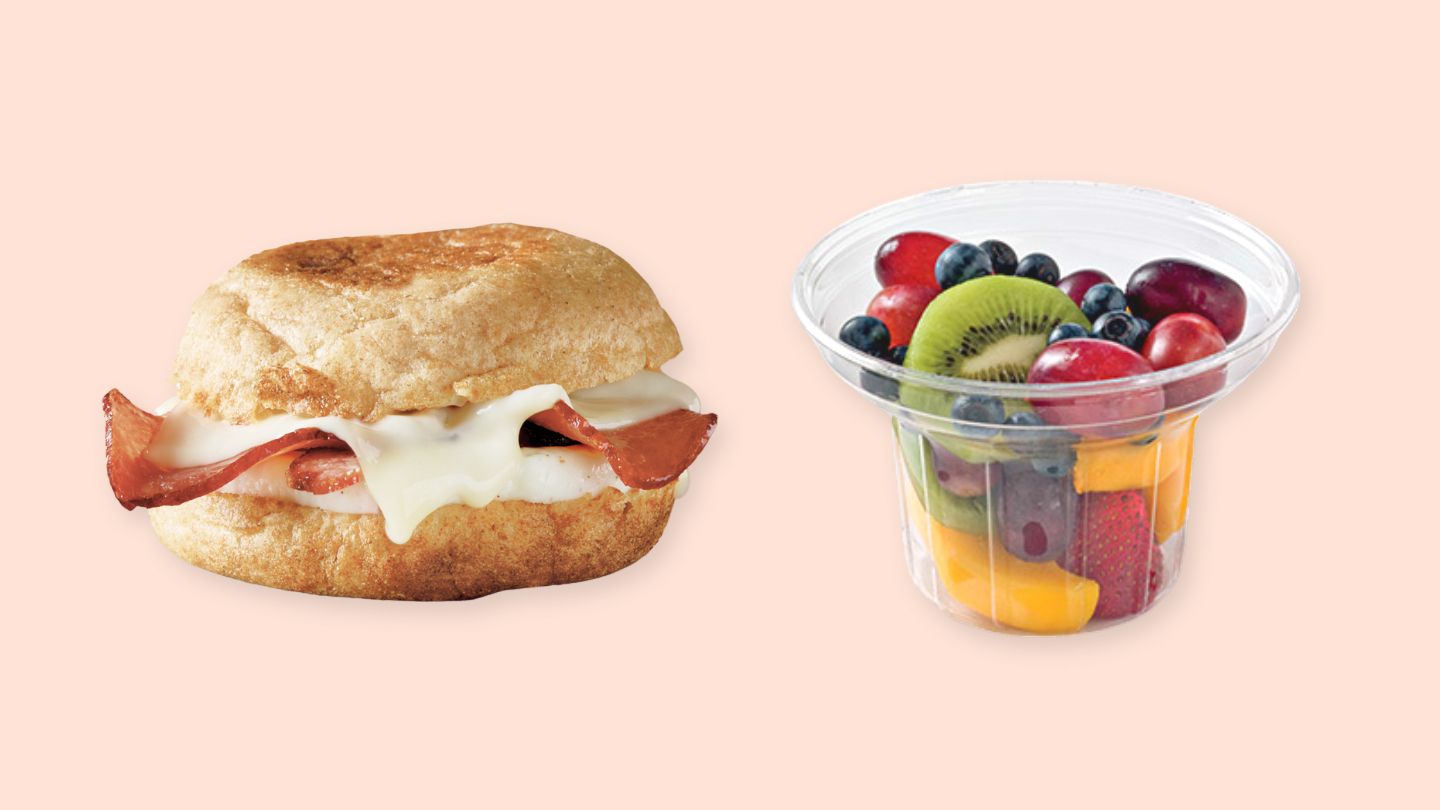 Turkey Bacon Cheddar Egg White Sandwich and Seasonal Harvest Fruit Blend