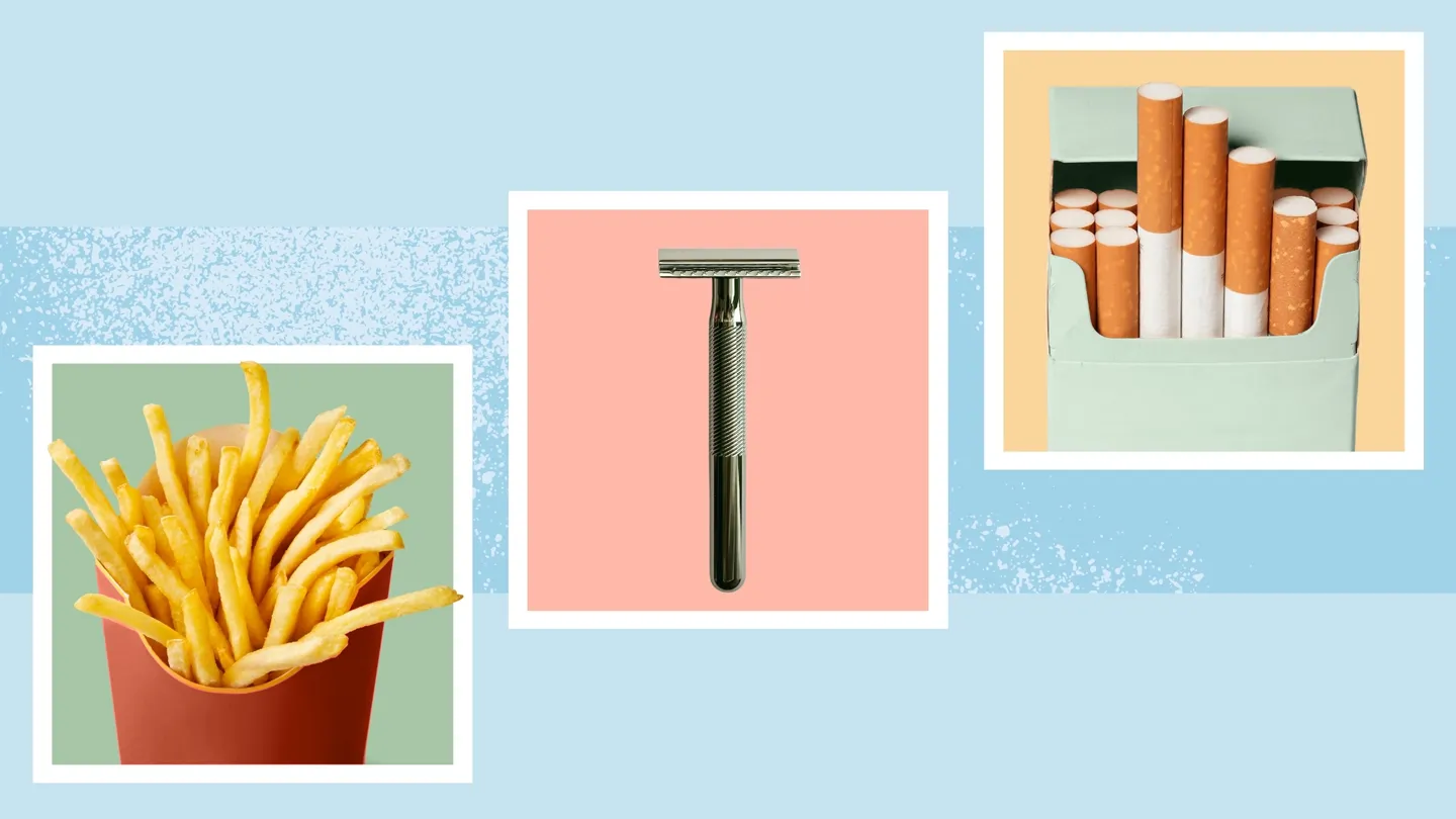 french fries, razor, cigarette pack