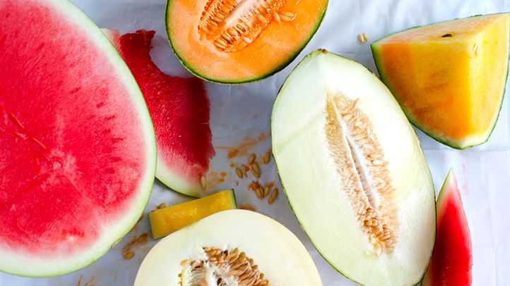 above view of different types of melons, watermelon, honeydew, cantaloup  