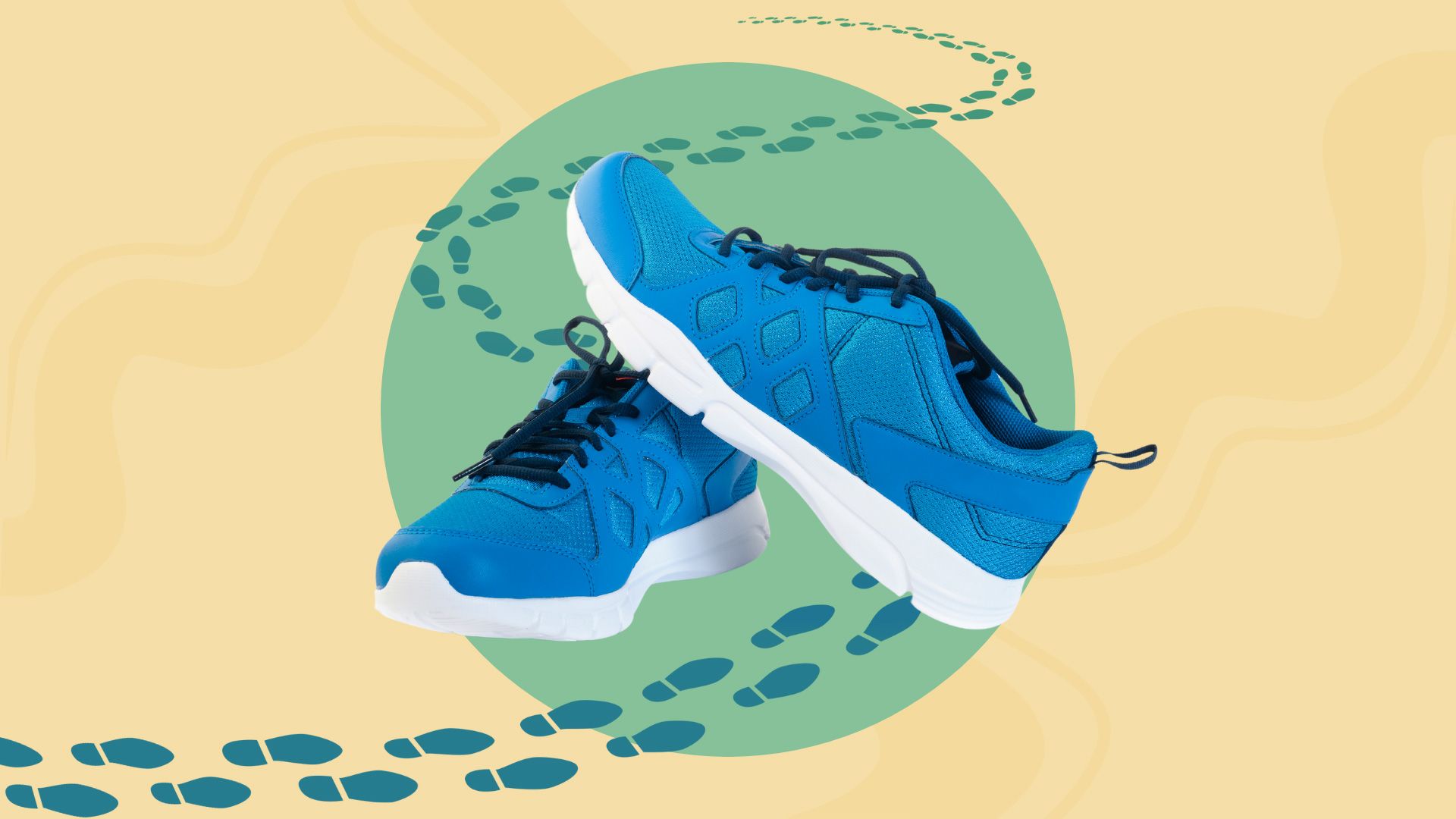 running shoes in front of circle with many footsteps leading backwards into yellow distance